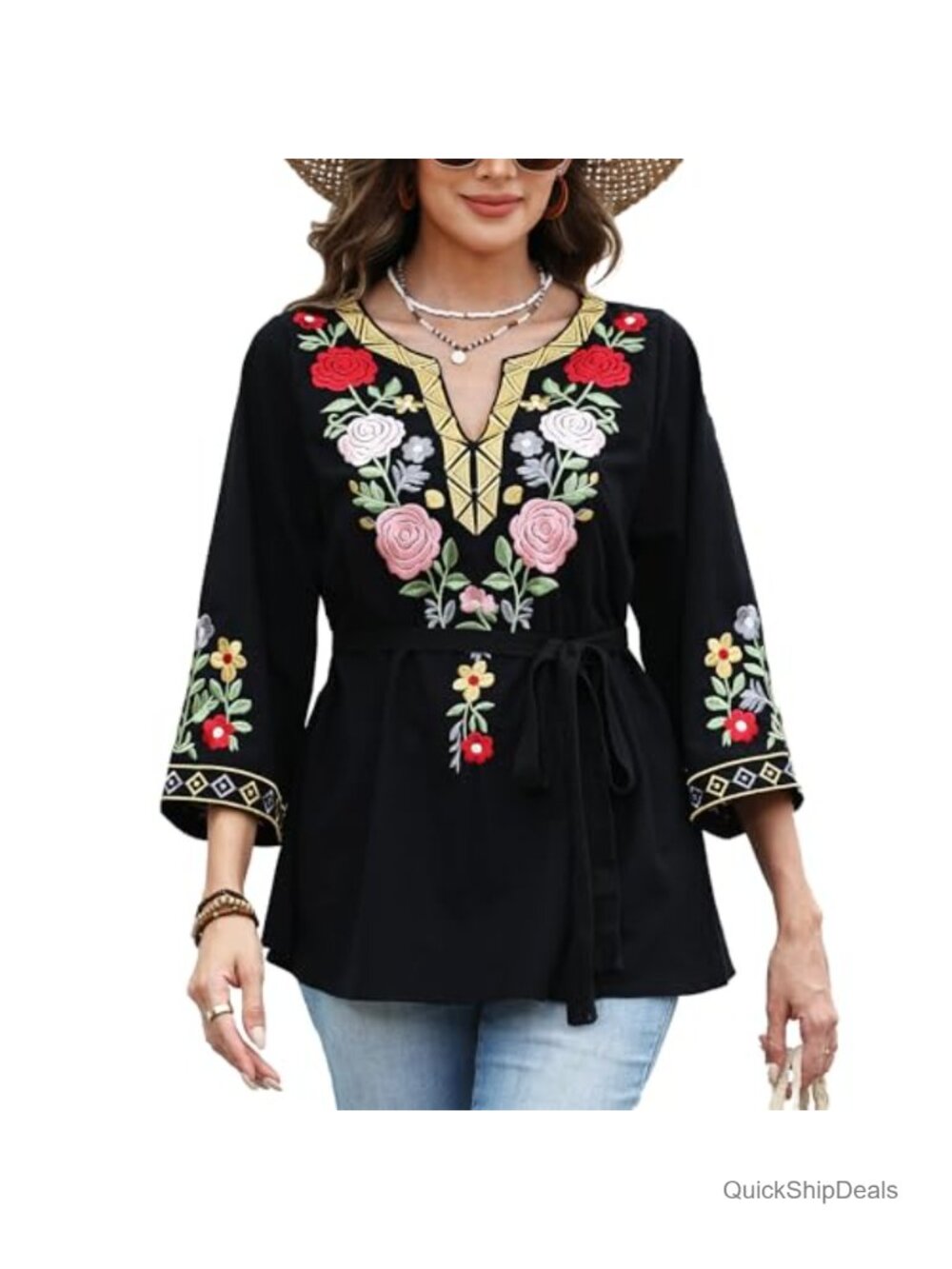Women's Mexican Embroidered Boho Tunic Top 3/4 Sleeve Peasant Blouse Cotton - Picture 4 of 6